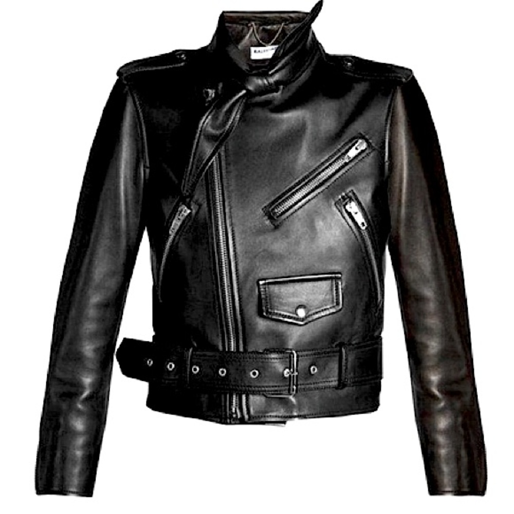 BALENCIAGA Scarf Collar Lambskin Zipper Leather Motorcycle Jacket